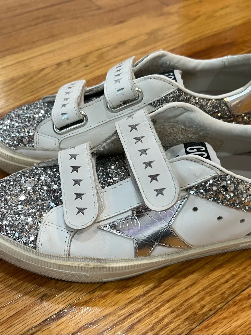 Golden Goose Kids White and Silver Glitter Velcro Sneakers